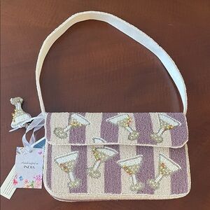 Beaded Martini Stripe Shoulder Bag in Lavender and Cream